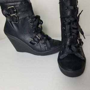 TopShop Faux Leather Lace Up Wedge Ankle Boots